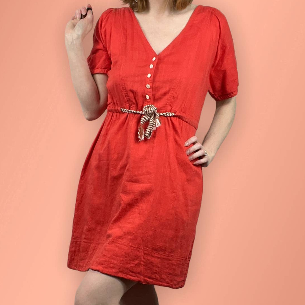Womens Size Med J Crew Orange Red Mini dress Short Sleeve 100% cotton spring